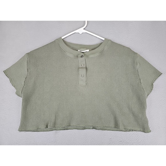 Zara Tops - ZARA Short Sleeve Waffle Kit Crop Top Size Large Green Henley Crew Neck Stretch